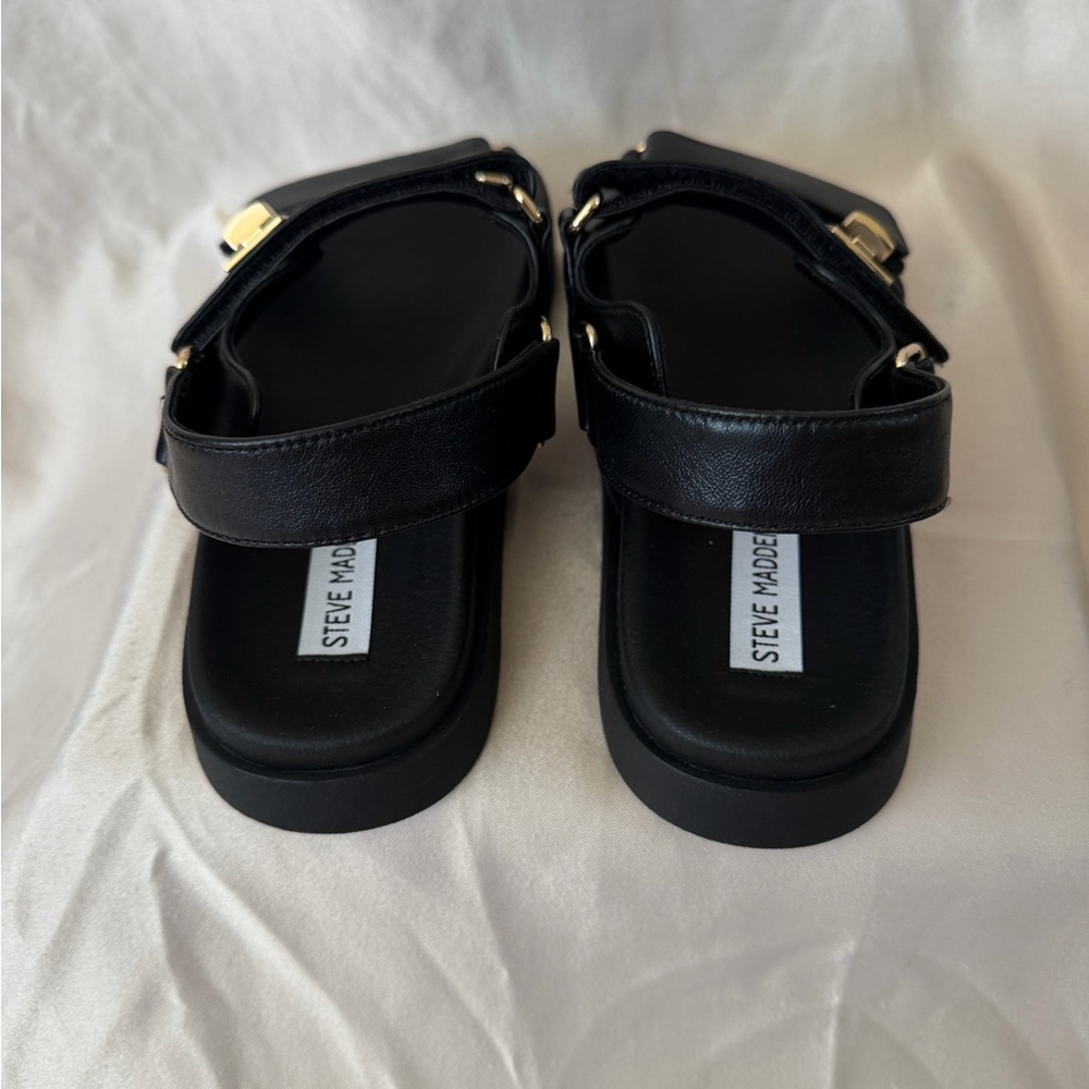 Steve Madden Black Sandals with Gold Accents - Picture 3 of 16